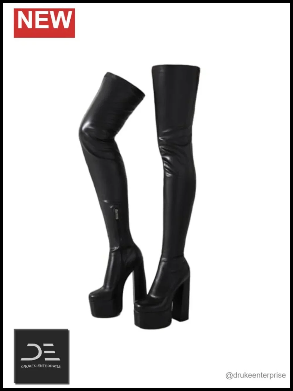 Over-the-Knee Boots Thigh High Block Heel 14cm Platform Round Toe Zip Closure